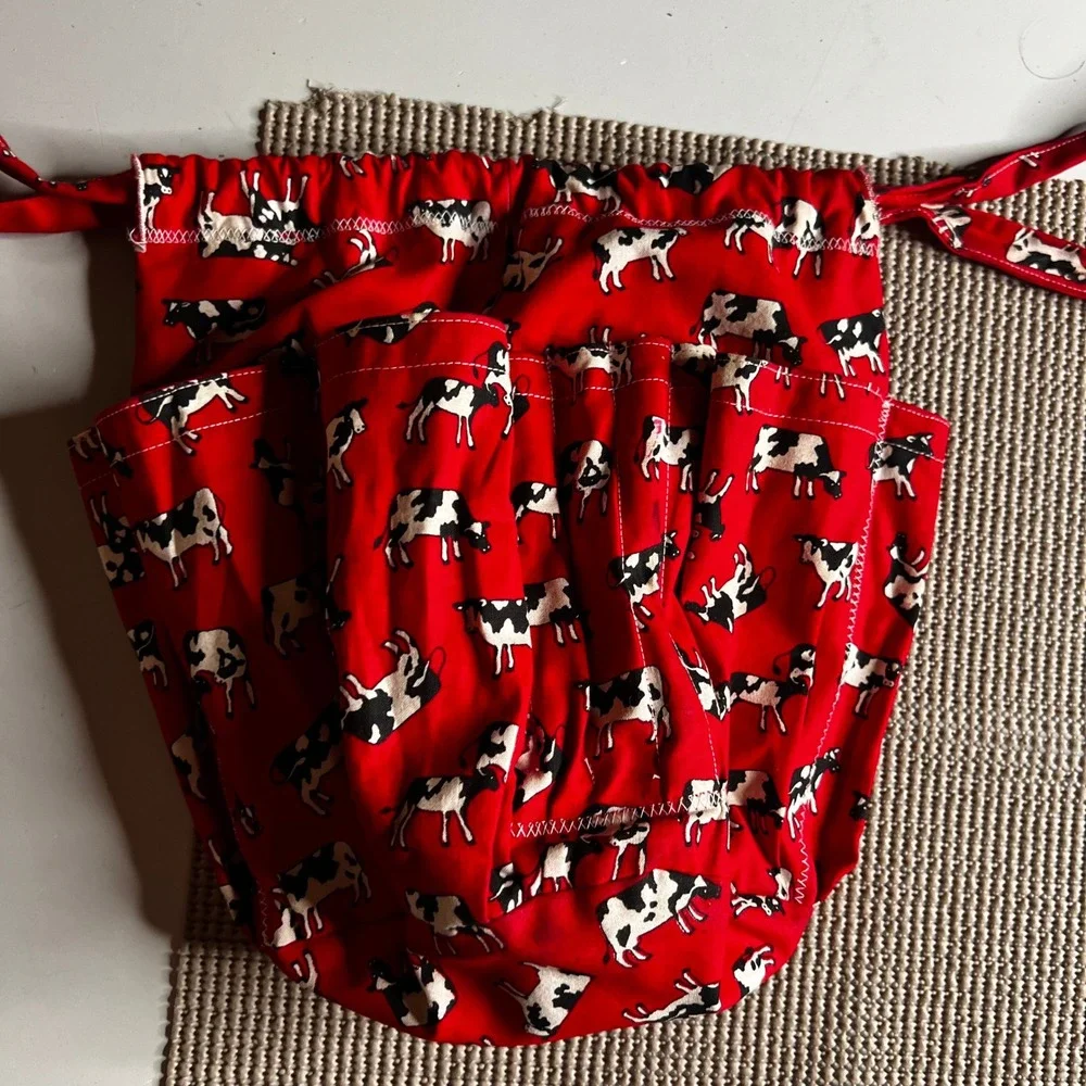 Handmade Red Cow Print Garden Tool Apron Drawstring Pouch‎ Waist Bag Farmhouse